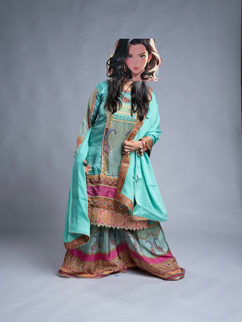 Aqua & Pink Embroidered Women’s Lehengas Maxi with Dupatta